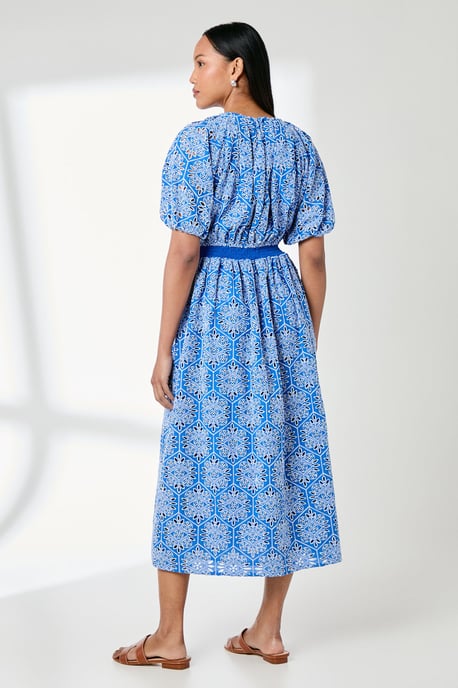 Blue Puff Sleeve Waistband Detail Broderie Midi Dress - Image 3