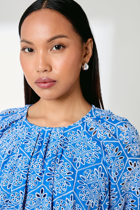 Blue Puff Sleeve Waistband Detail Broderie Midi Dress - Image 4