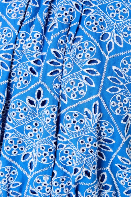 Blue Puff Sleeve Waistband Detail Broderie Midi Dress - Image 5