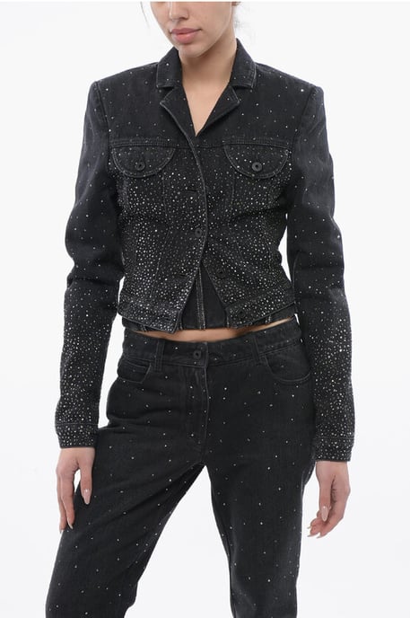 Cropped Fit BLING Denim Jacket with Rhinestones in Black - Image 1