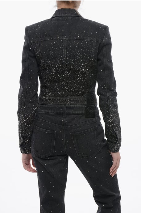 Cropped Fit BLING Denim Jacket with Rhinestones in Black - Image 2