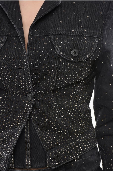 Cropped Fit BLING Denim Jacket with Rhinestones in Black - Image 3