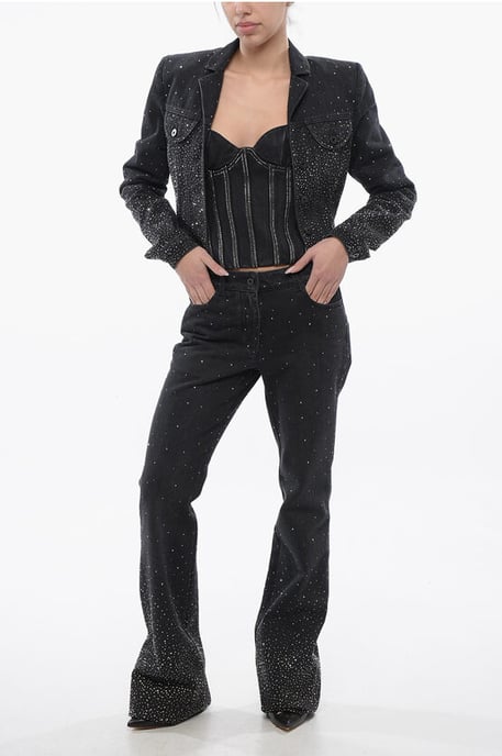 Cropped Fit BLING Denim Jacket with Rhinestones in Black - Image 4