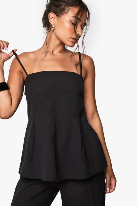 Linen Look Pleated Square Neck Cami Top And Wide Leg Trousers Co-Ord - Image 4