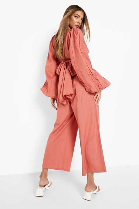 Linen Look Balloon Sleeve Crop & Wide Leg Trousers - Image 2