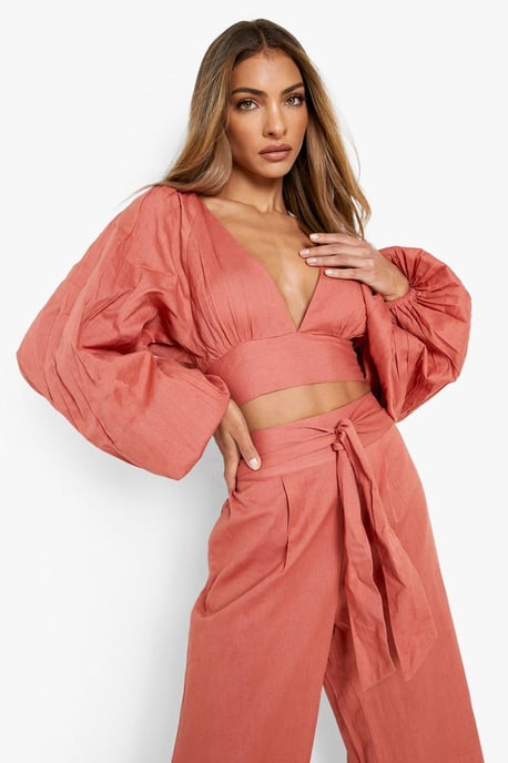Linen Look Balloon Sleeve Crop & Wide Leg Trousers - Image 3