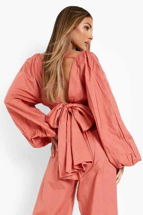 Linen Look Balloon Sleeve Crop & Wide Leg Trousers - Image 4