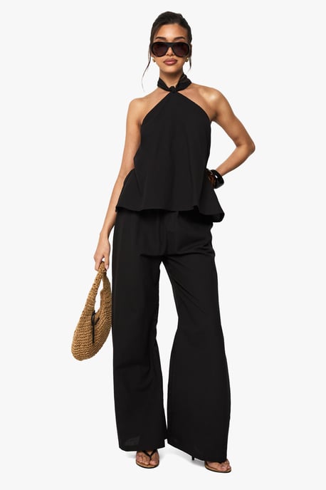 Linen Look Halterneck Swing Top And Wide Leg Trousers Co-Ord - Image 3