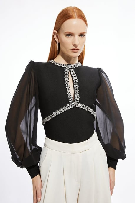 Bandage Embellished And Chiffon Sleeve Figure Form Knit Top - Image 1