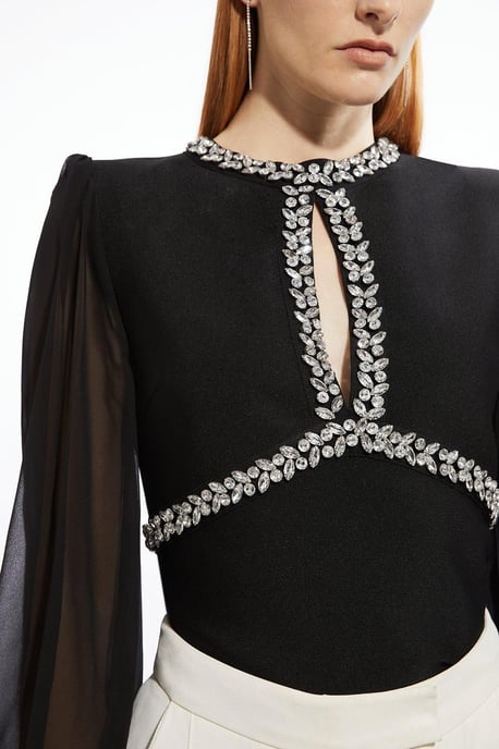 Bandage Embellished And Chiffon Sleeve Figure Form Knit Top - Image 3