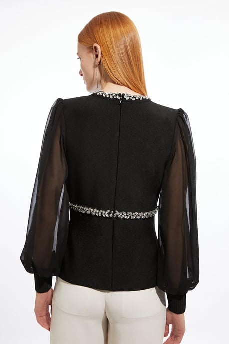 Bandage Embellished And Chiffon Sleeve Figure Form Knit Top - Image 5