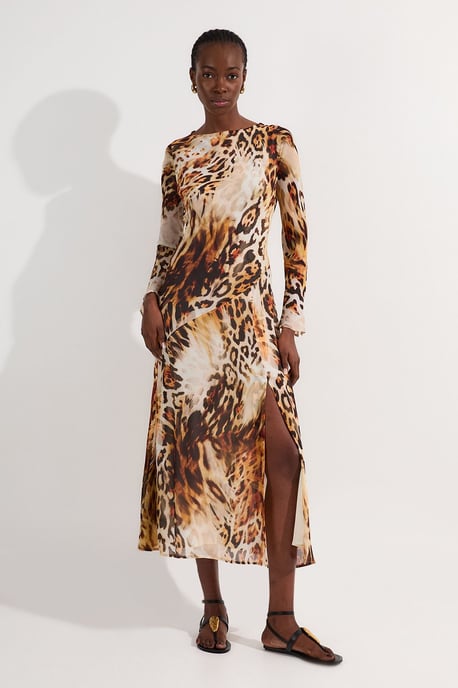 Sheer Viscose Georgette Sketchy Animal Woven Cowl Back Maxi Dress - Image 2