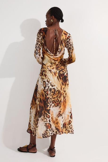 Sheer Viscose Georgette Sketchy Animal Woven Cowl Back Maxi Dress - Image 5