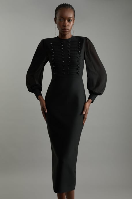 Figure Form Bandage Knit Chiffon Sleeve Military Trim Maxi Dress - Image 1