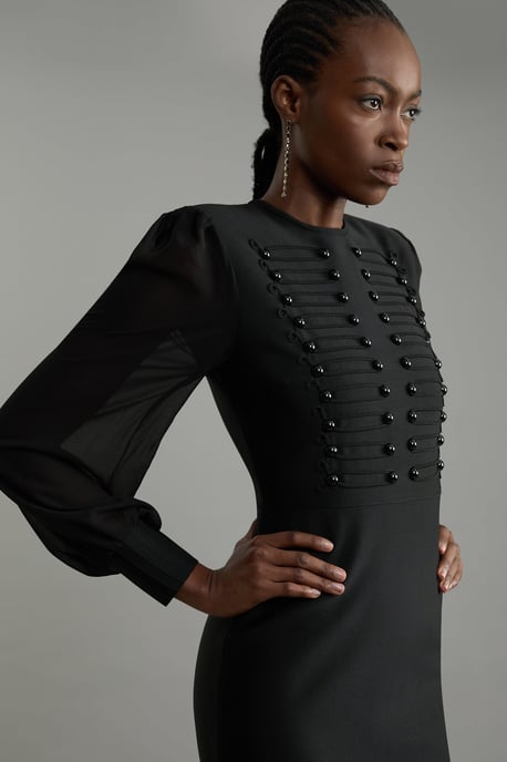 Figure Form Bandage Knit Chiffon Sleeve Military Trim Maxi Dress - Image 2