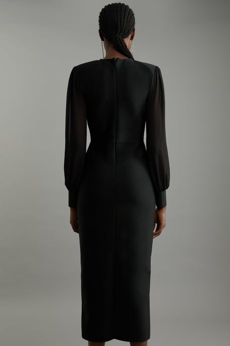 Figure Form Bandage Knit Chiffon Sleeve Military Trim Maxi Dress - Image 3