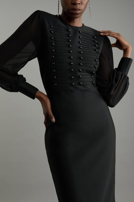 Figure Form Bandage Knit Chiffon Sleeve Military Trim Maxi Dress - Image 4