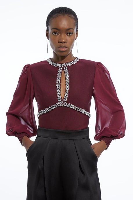 Bandage Embellished And Chiffon Sleeve Figure Form Knit Top - Image 1
