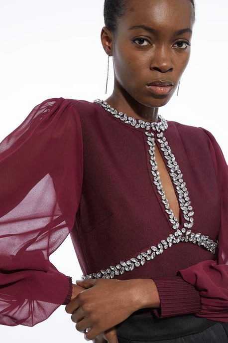 Bandage Embellished And Chiffon Sleeve Figure Form Knit Top - Image 3