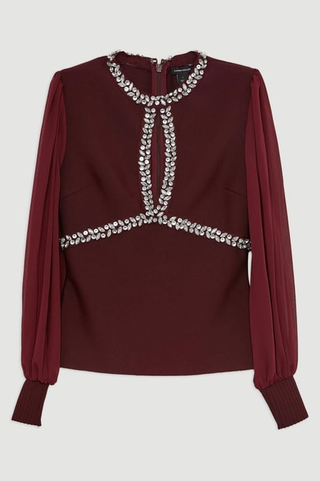 Bandage Embellished And Chiffon Sleeve Figure Form Knit Top - Image 4