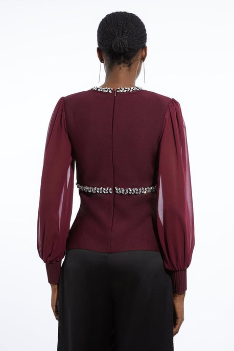Bandage Embellished And Chiffon Sleeve Figure Form Knit Top - Image 5