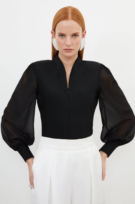 Bandage Figure Form Zip Detail Chiffon Sleeve Knit Top - Image 1