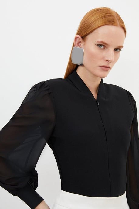 Bandage Figure Form Zip Detail Chiffon Sleeve Knit Top - Image 2
