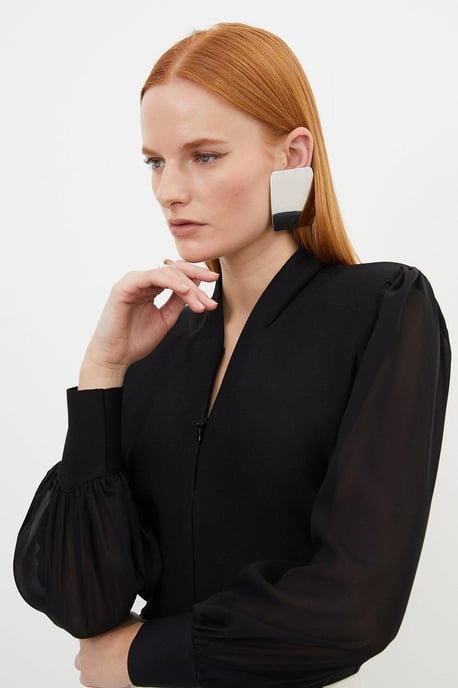 Bandage Figure Form Zip Detail Chiffon Sleeve Knit Top - Image 3