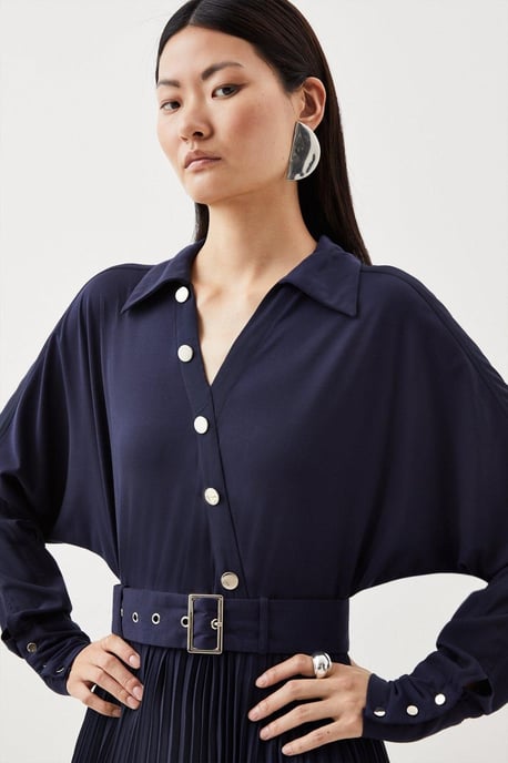 Jersey And Georgette Mix Belted Pleat Midi Dress - Image 2