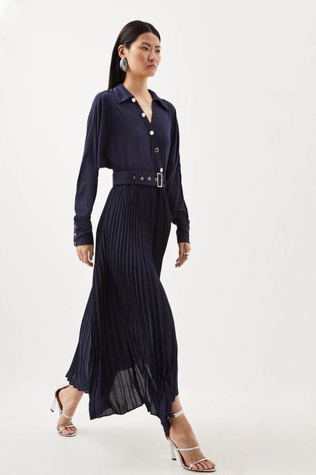 Jersey And Georgette Mix Belted Pleat Midi Dress - Image 3