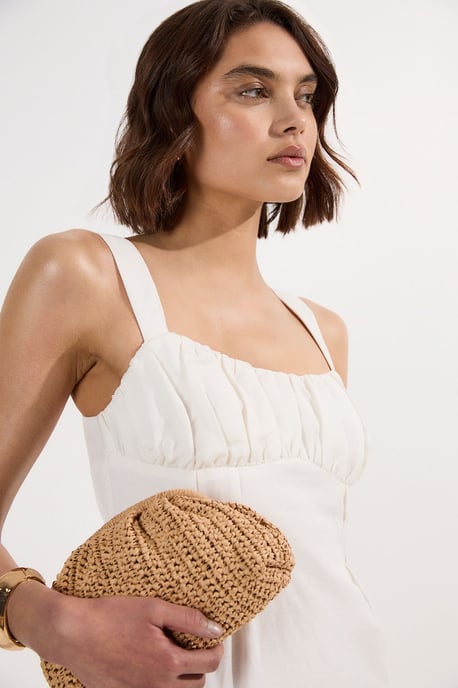 Viscose Linen Ruched Detail Strappy Woven Midi Dress - Image 2