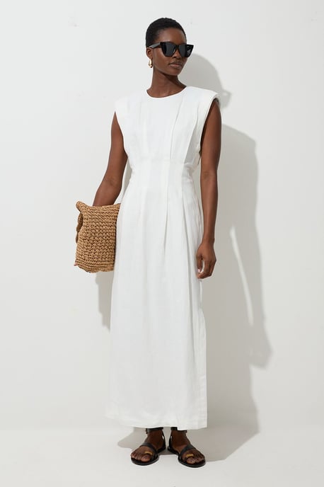 Viscose Linen Woven Pintuck Midi Dress - Image 2