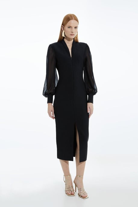Bandage Figure Form Zip Detail Chiffon Sleeve Knit Dress - Image 1