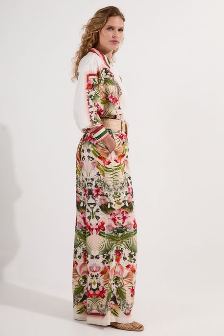 Mirrored Viscose Linen Floral Print With Raffia Belt Woven Trouser - Image 1