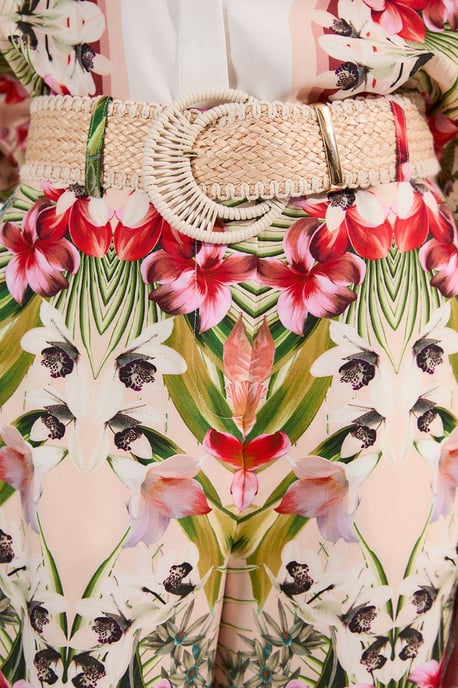 Mirrored Viscose Linen Floral Print With Raffia Belt Woven Trouser - Image 3