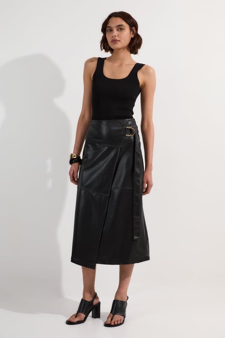 Faux Leather Tie Detail Wrap Midi Skirt - Image 2