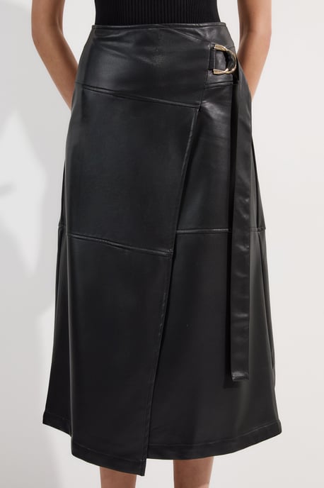 Faux Leather Tie Detail Wrap Midi Skirt - Image 3