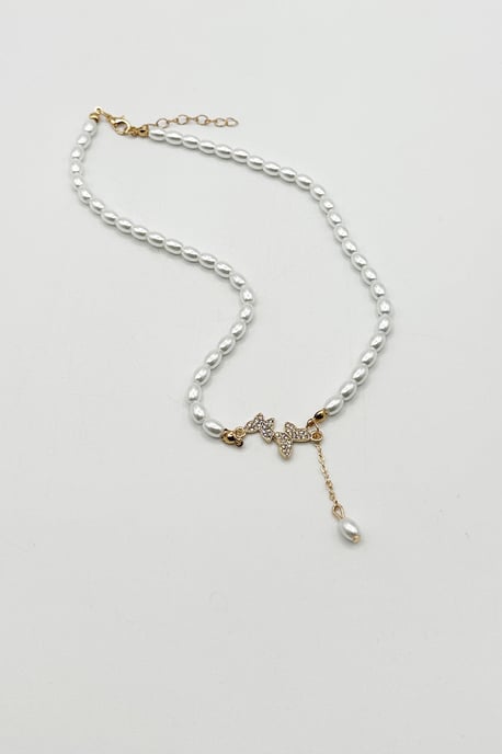 Pearl Chain Necklace with Butterfly Pendant - Image 2