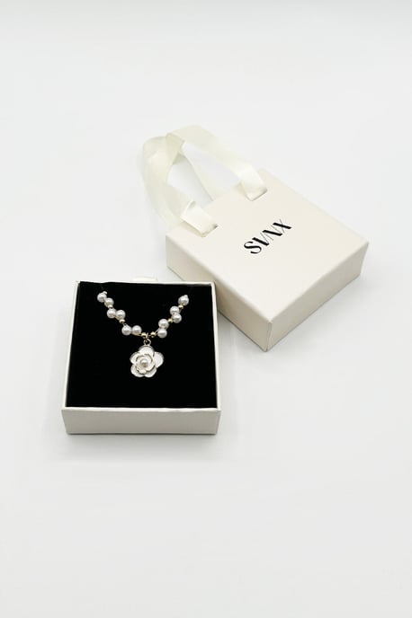 Pearl Chain Necklace with Camellia Pendant - Image 2