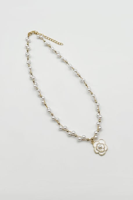 Pearl Chain Necklace with Camellia Pendant - Image 3