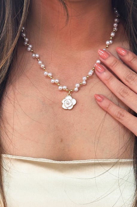 Pearl Chain Necklace with Camellia Pendant - Image 4