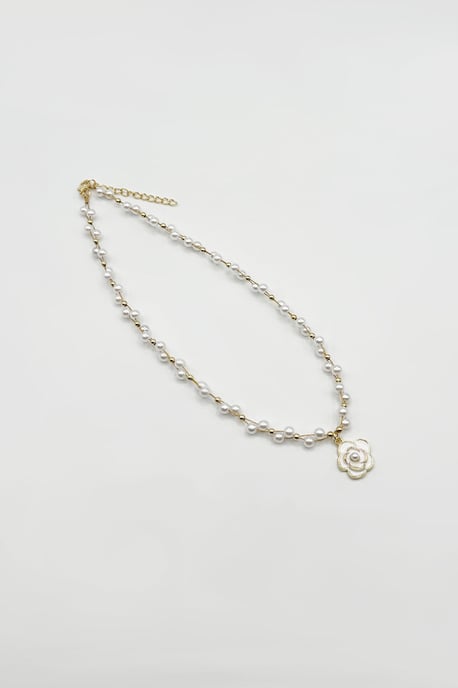 Pearl Chain Necklace with Camellia Pendant - Image 6