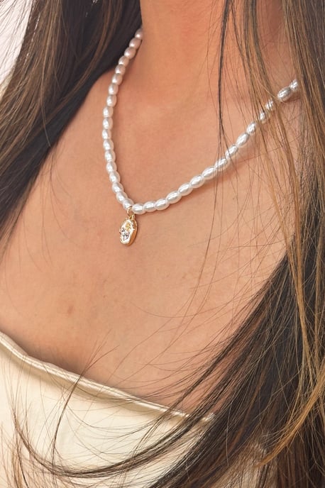Pearl Chain Necklace with Gold Flower Pendant - Image 1