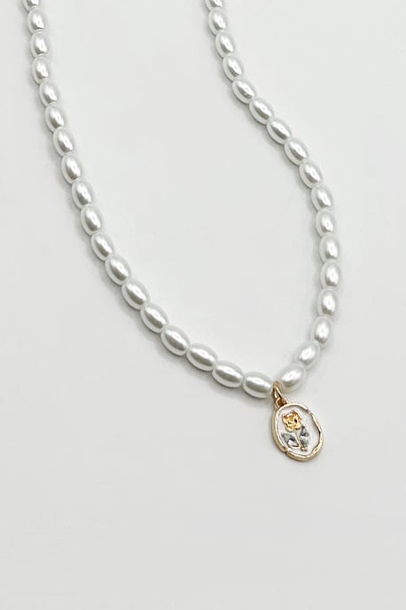 Pearl Chain Necklace with Gold Flower Pendant - Image 2