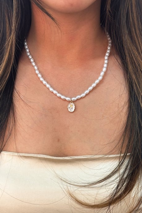Pearl Chain Necklace with Gold Flower Pendant - Image 3