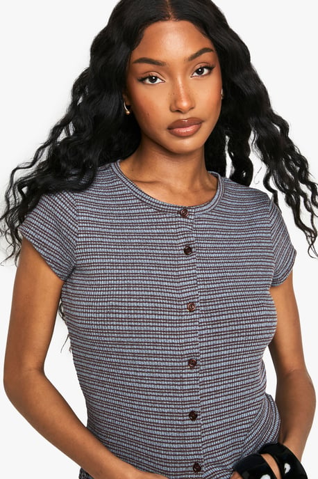 Striped Jersey Button Through Cap Sleeve Top - Image 4