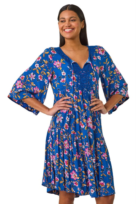 Floral Print Lace Detail Smock Dress - Image 1