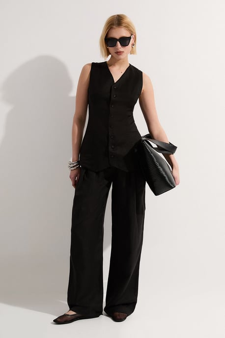 Viscose Linen Pleat And Pocket Detail Woven Straight Leg Trouser - Image 1