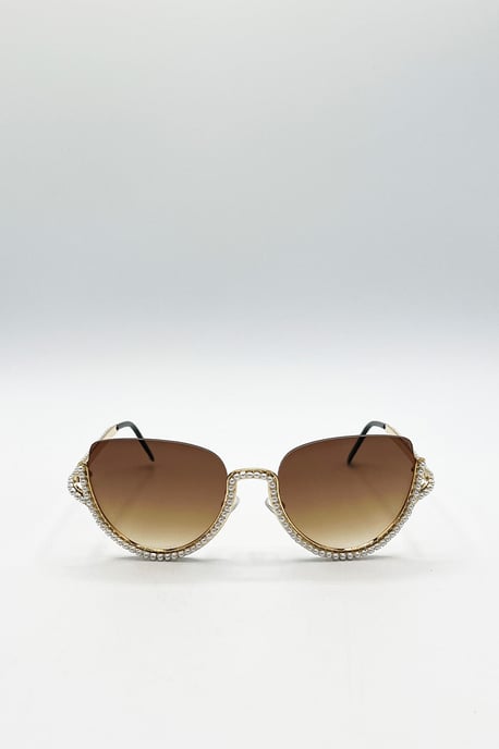 Upper Rimless Pearl Sunglasses in Gold Brown - Image 2