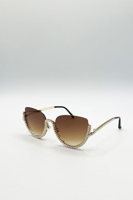 Upper Rimless Pearl Sunglasses in Gold Brown - Image 3